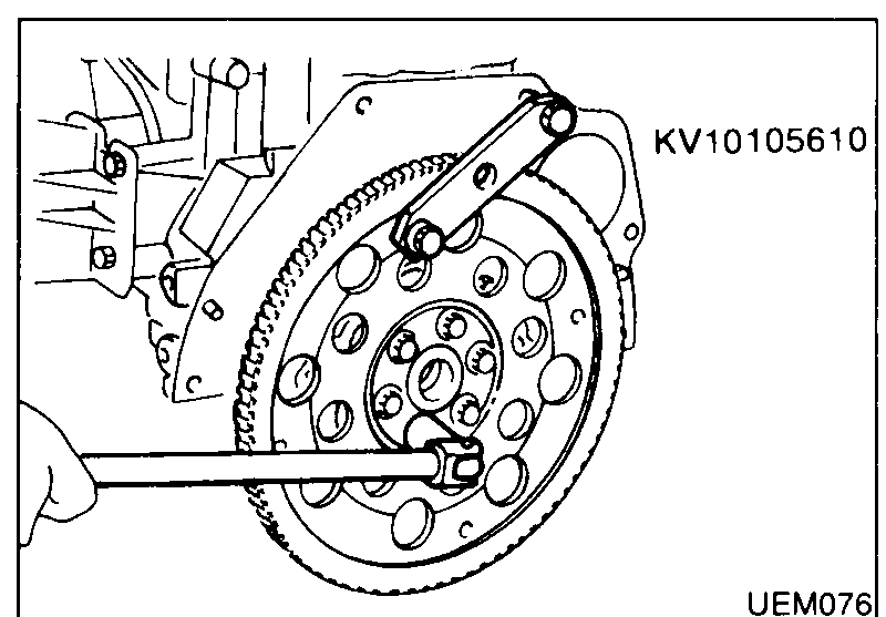 Service tool KV10105610 (flywheel/ring-gear holder) engaged on the ring gear teeth to keep the flywheel from turning while loosening flywheel bolts.