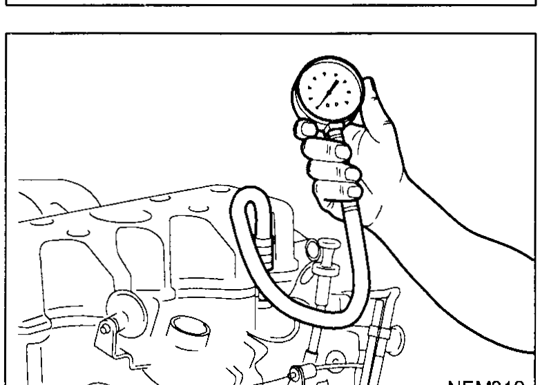 Hand fitting a compression gauge with the KV109B0040 compression gauge adaptor screwed into a glow-plug hole on the cylinder head — illustrates step 3 (fit adaptor and gauge).