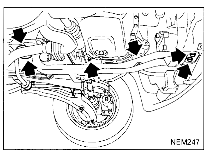Underside view of the engine bay with arrows pointing at the under-cover, transaxle jack mount points, center member, rear cover, and oil drain — supports removal steps 1–6.