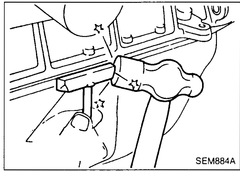 Hand using the special seal-cutter tool inserted between oil pan flange and cylinder block — illustrating step 7-1 (insert tool between oil pan and cylinder block).