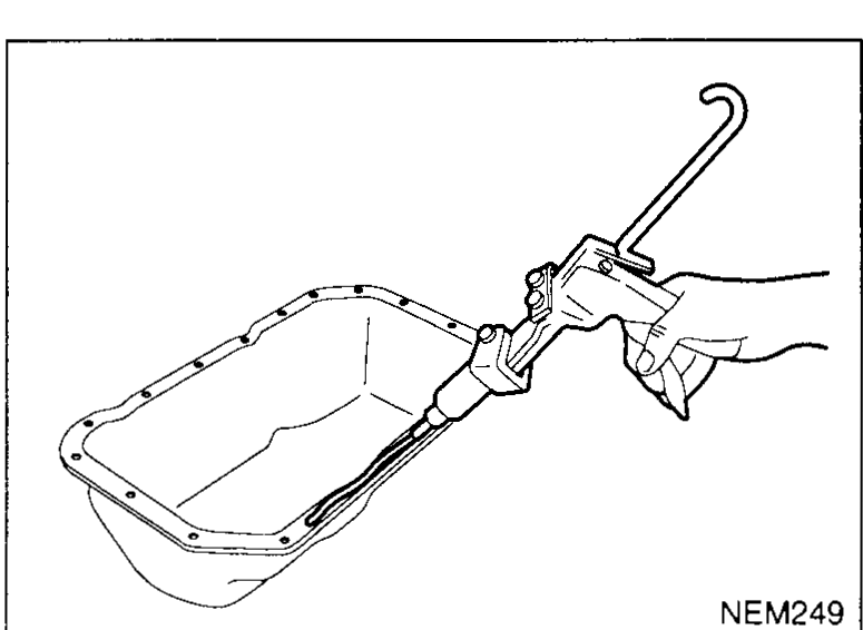 Hand laying a continuous bead of liquid gasket around the entire perimeter of the oil-pan mating face with a cartridge-gun nozzle — illustrating step 3.
