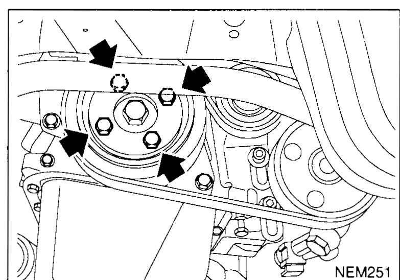 Engine front shown with arrows pointing at the four crankshaft-pulley bolts to be removed (step 4).