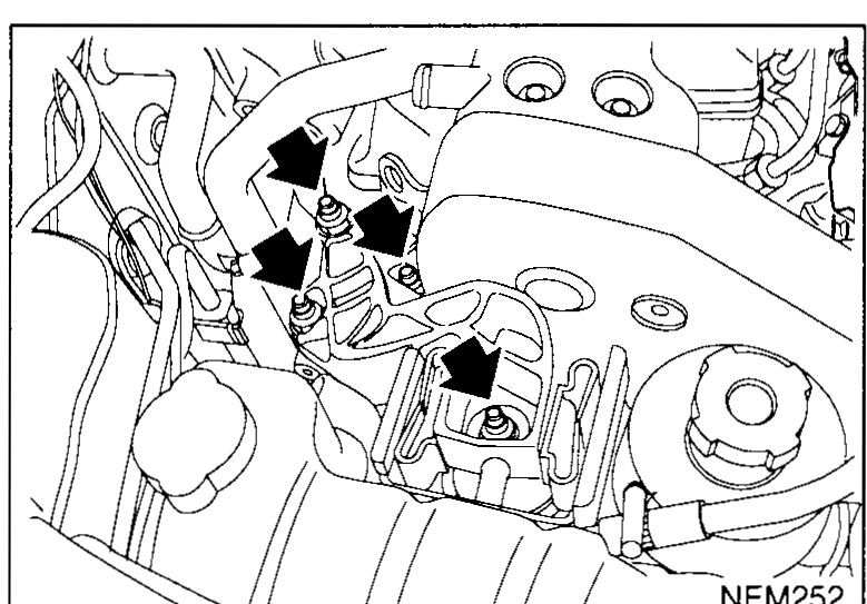 RH engine bay with arrows pointing at the engine mounting bracket fixings — illustrates steps 5–8 (jack support, remove front mount and RH insulator bracket).