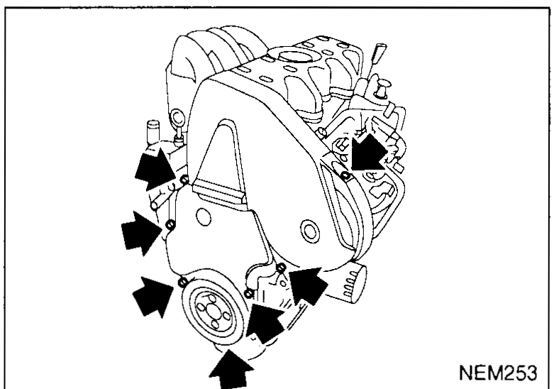 Timing belt cover area with arrows pointing at the cover-fixing bolts — illustrates step 9 (remove timing belt covers).