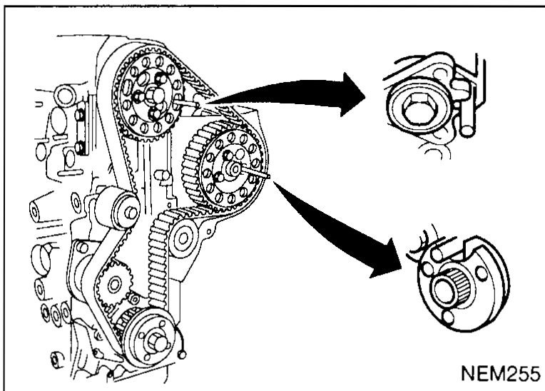 Front-of-engine view with the timing belt visible; two arrows point at the camshaft pulley and the injection-pump pulley with their locking pins (KV109B0111 camshaft pin and KV109B0110 injection-pump pin) installed — illustrates step 11.