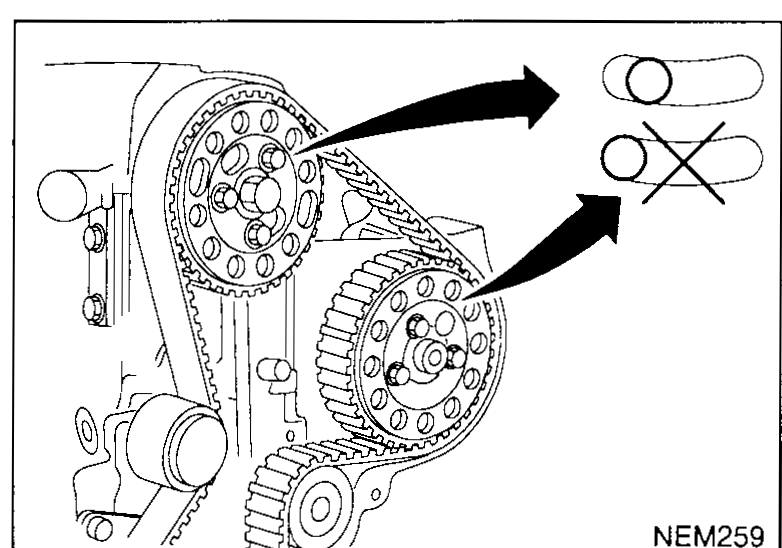 Front of engine with one sprocket bolt removed (arrow pointing to a single bolt removed/circled-X icon) — illustrates step 3 (remove one bolt from each sprocket).