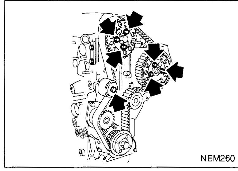 Front of engine with arrows pointing at the camshaft pulley and injection-pump pulley showing the camshaft locking pin (KV109B0111) and injection-pump locking pin (KV109B0110) re-installed — illustrates tensioning step 2.