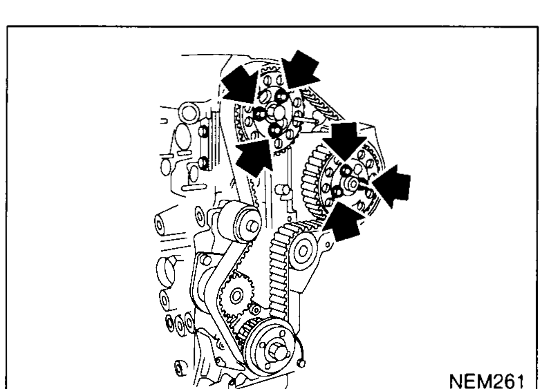 Front of engine with arrows pointing at the camshaft and injection-pump sprocket bolts being torqued while the pulley-holding SST KV109B0070 keeps them stationary — illustrates step 6.