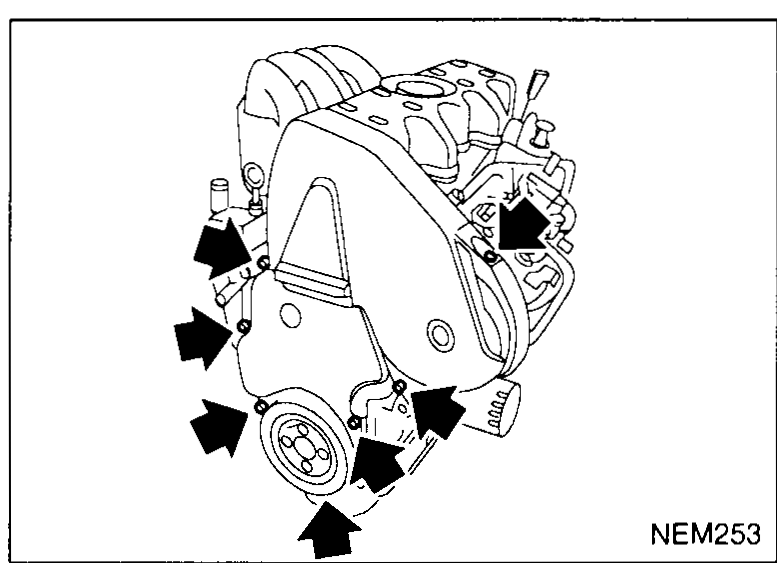 Front of engine showing the timing-belt covers being re-installed with arrows at the four cover-fixing bolts — illustrates step 8.