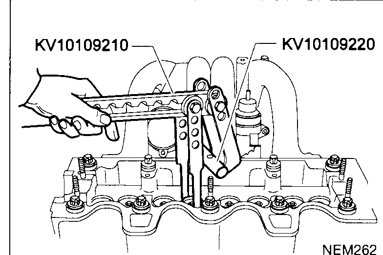 Hand using the valve spring compressor SST KV10109210 (lever-style compressor) with adapter KV10109220 (tubular thimble over the valve stem) to compress a valve spring on the cylinder head — illustrates valve-oil-seal step 6-2.