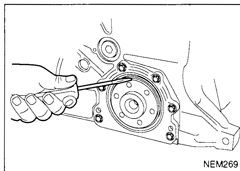 Hand using a screwdriver-style puller to extract the crankshaft rear oil seal from the rear-seal housing — illustrates crankshaft-rear-oil-seal step 3.