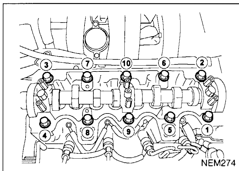 Top view of the cylinder head with 10 head-bolt positions numbered 1–10 showing the loosening sequence (working from the outside inward in a spiral/cross pattern).
