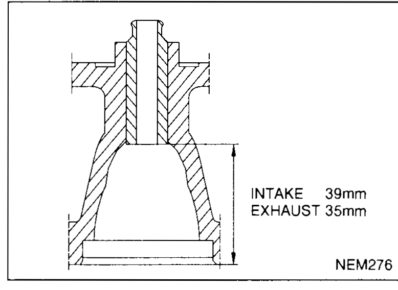 Cross-section detail of an installed valve guide protruding into the port; dimension callouts read 'INTAKE 39 mm' and 'EXHAUST 35 mm' from the upper datum to the bottom of the installed guide.