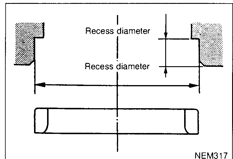 Cross-section of cylinder-head valve-seat recess showing 'Recess diameter' arrow across the top and labeled twice (upper and lower recess diameter dimensions) with the service valve seat shown below.