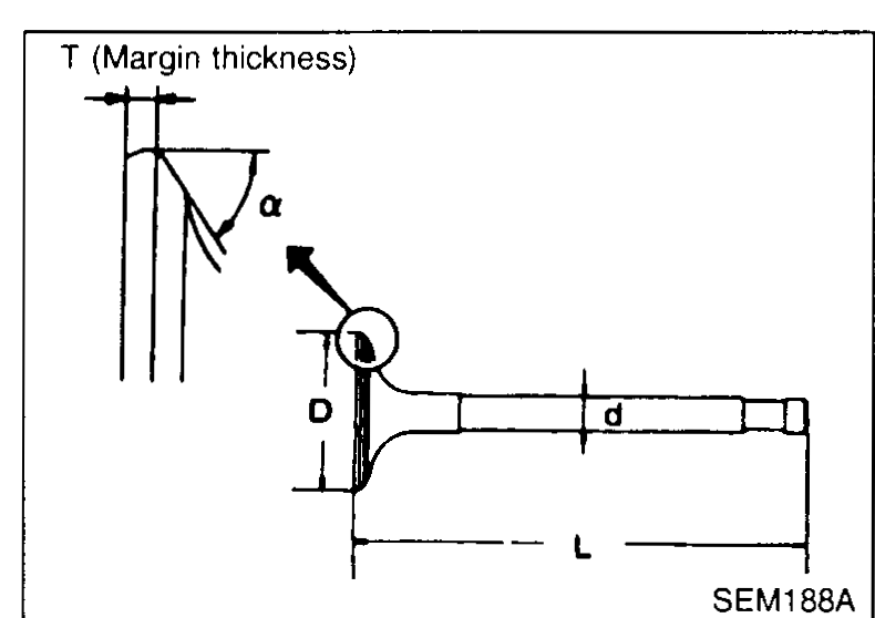 Valve cross-section showing key dimensions: T (margin thickness) at the top, α (valve face angle), D (head diameter), L (overall length), d (stem diameter) — referenced for SDS dimensions.