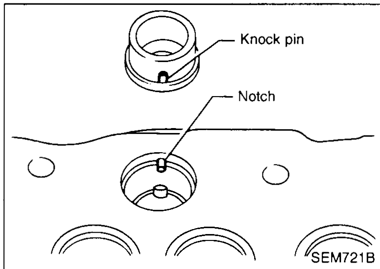 Top view of cylinder-head deck showing a combustion chamber being installed; callouts: 'Knock pin' (on the chamber) and 'Notch' (in the cylinder head) — illustrates step 4b alignment.