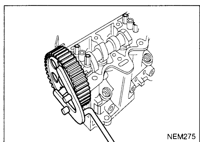 Cylinder head with camshaft sprocket fitted; SST KV109B0070 pulley holder engaged on the sprocket while the hub bolt is tightened — illustrates step 3 (install camshaft hub and sprocket).