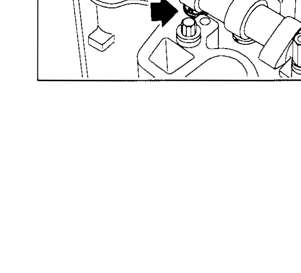 Top view of cylinder head showing a single valve lifter with an arrow pointing at the shim notch which must face the injection nozzle for easy removal — illustrates Adjusting step 1.