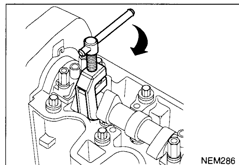 Hand rotating the KV109B0100 lever clockwise/downward so the integral claw pushes the valve lifter down, exposing the shim — illustrates Adjusting step 3.