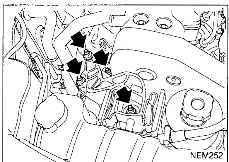 RH (passenger-side) upper engine mount with arrows pointing at the three bolts of the upper bracket — illustrates step 20 (remove upper mounting RH).