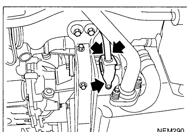 LH (driver-side) transaxle area with arrows pointing at shift-linkage retainers and the transaxle mounting bolts — illustrates steps 21 and 22.