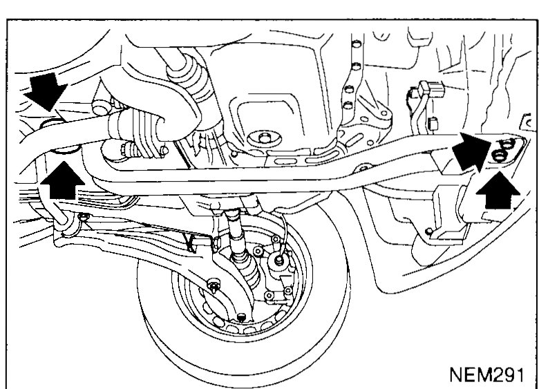 Underside view of the front cross/centre member with arrows at the four mounting bolt locations — illustrates step 3 (install center member). Same figure used for removal step 23 on EM-5033.