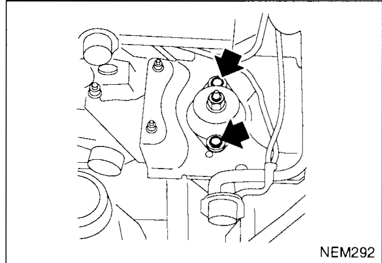 LH transaxle insulator with two arrows pointing at the insulator stud and the through-bolt to be tightened — illustrates step 4 (tighten transaxle insulator bolts).