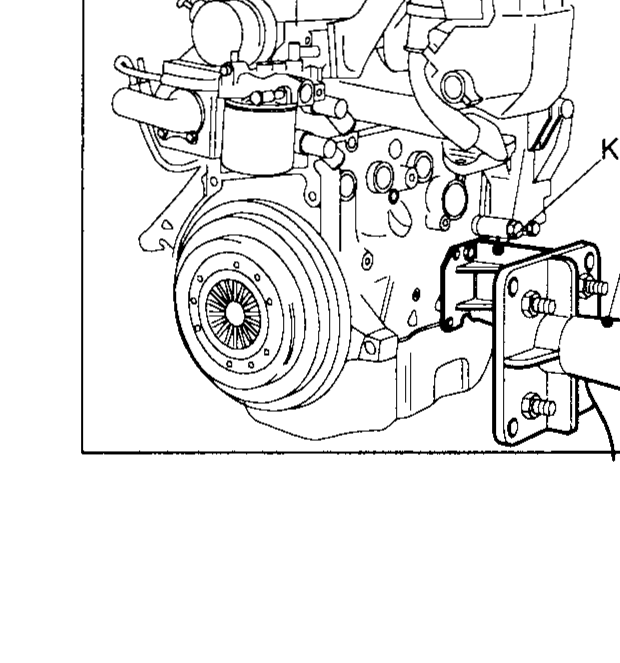 Engine on the ST0501S000 work stand with KV10115300 sub-attachment installed connecting the engine to the stand — illustrates Disassembly step 1.