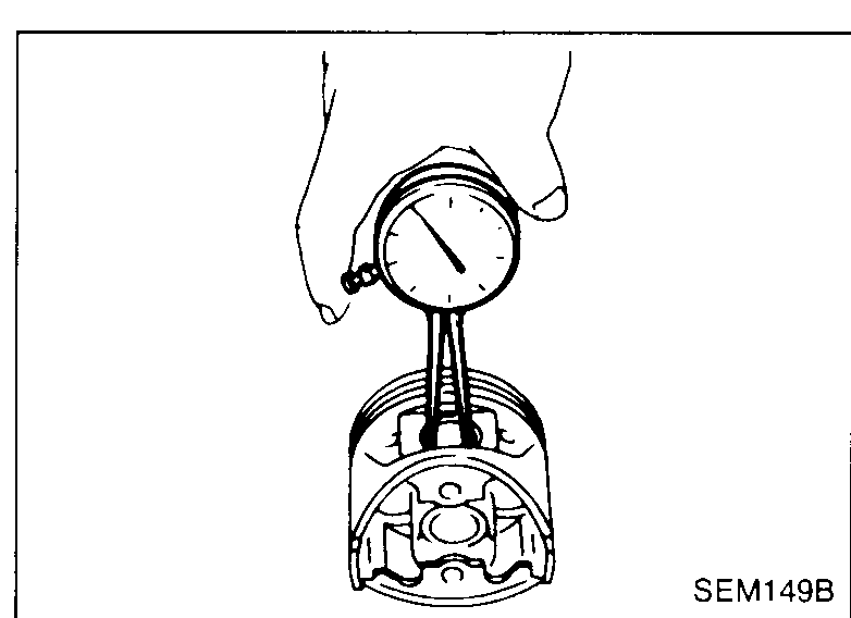 Hand holding a dial-bore / small-hole gauge inside the piston pin hole of a piston standing on its crown — illustrates Piston and piston pin clearance step 1 (measure inner diameter 'dp').