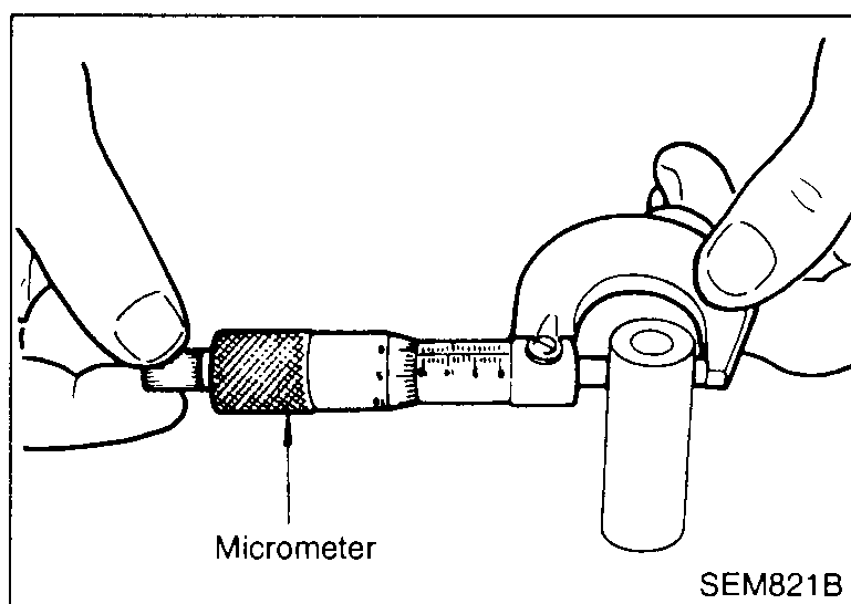 Hands using a micrometer to measure the outer diameter of the piston pin — illustrates Piston and piston pin clearance step 2.
