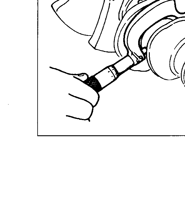 Hand holding a micrometer measuring the outer diameter of a crankshaft main journal — illustrates Inspection step 4 (measure outer diameter of each main journal).
