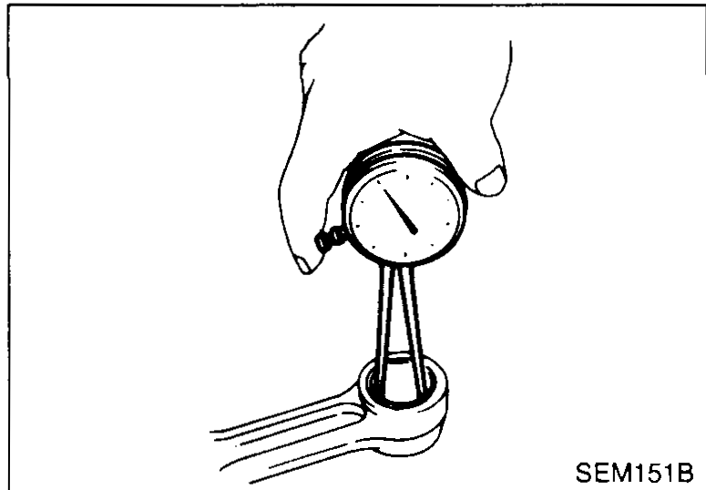 Connecting rod held with a dial bore gauge in the small-end bore — illustrates Connecting rod clearance (Small end) step 1 (measure small-end inner diameter).