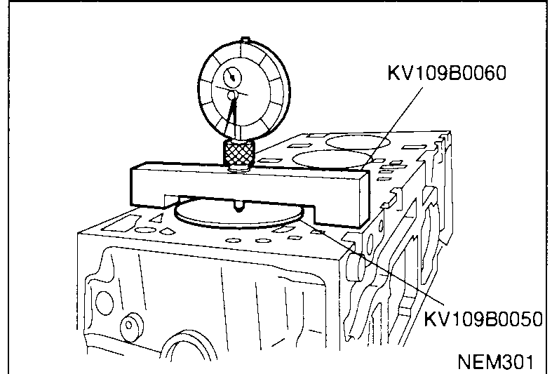 Cylinder block with a dial-indicator support SST KV109B0060 spanning across the block deck above the No. 4 cylinder, with the calibration piston SST KV109B0050 installed in the bore. Indicator centred over the calibration-piston crown — illustrates Inspection steps 6-8 (install dial indicator, place above calibration piston, zero out at TDC).