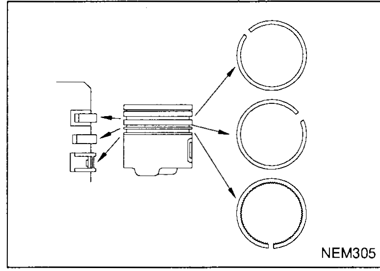Piston with three rings shown stacked — top compression ring, second compression ring, and oil ring (three components) — exploded next to the piston, with arrows showing how each ring is installed in its groove with the 'TOP' stamp facing up.