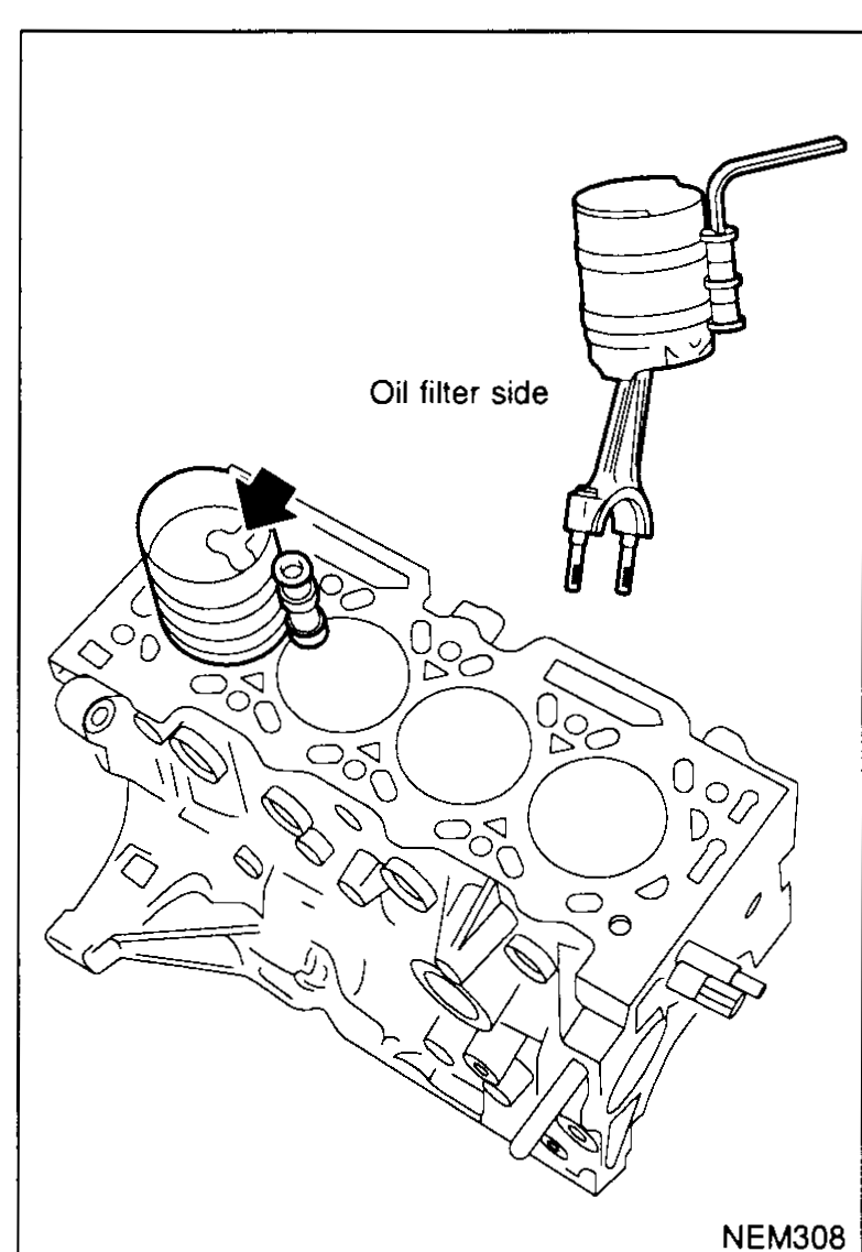 Cylinder block from above with one piston/connecting rod assembly being installed into a bore using a piston ring compressor tool. An arrow labelled 'Oil filter side' points toward the side of the block — illustrates step 5a (install pistons with connecting rods into corresponding cylinders with tool); piston cloverleaf orients toward oil filter.