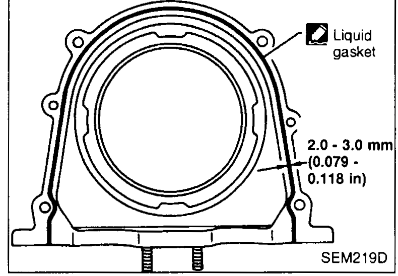 Hand using a scraper to remove old liquid gasket from the rear oil seal retainer mating surface — illustrates step 6a (clean off old liquid gasket before installation).