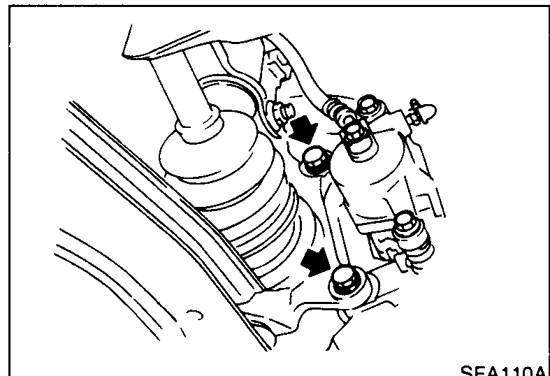 Photo of the front brake caliper with two arrows pointing at the upper and lower caliper-bracket bolts to be removed when detaching the caliper assembly.