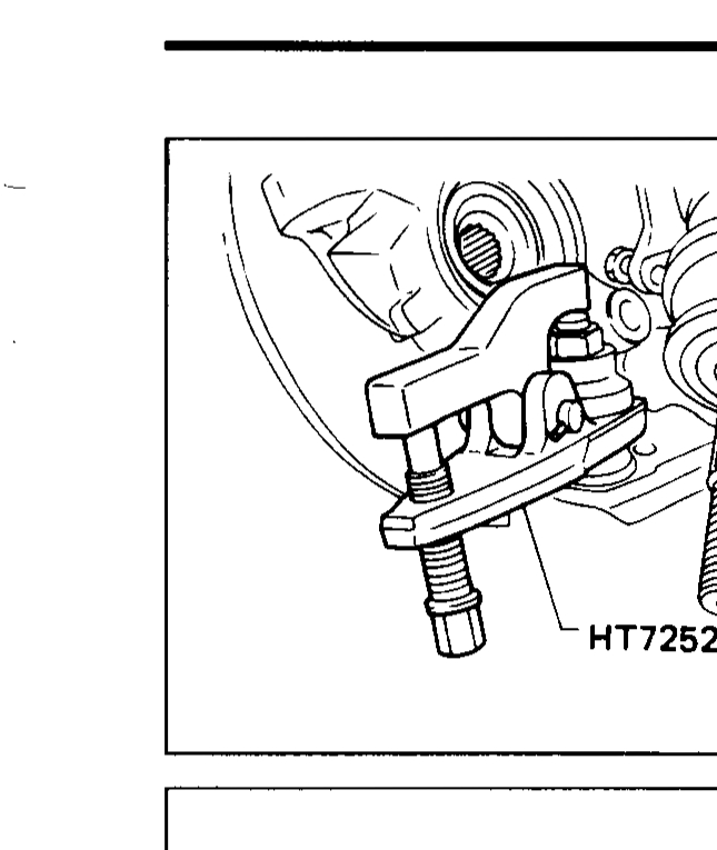 Lower-ball-joint separator tool 'HT72520000' attached to the transverse-link ball-joint stud to separate the knuckle from the lower ball joint.