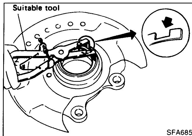 Snap-ring pliers ('Suitable tool') compressing the snap ring inside the knuckle bore. Inset at top-right shows a close-up of the snap-ring profile.