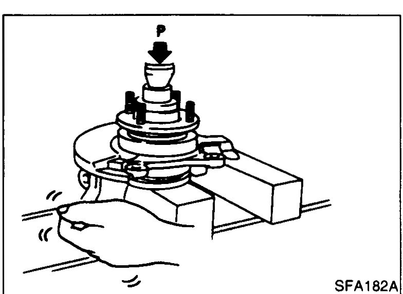 Hub/knuckle assembly resting on a press base under press load 'P' while a mechanic's hand spins the knuckle by hand to verify smooth bearing operation. Motion lines indicate rotation.