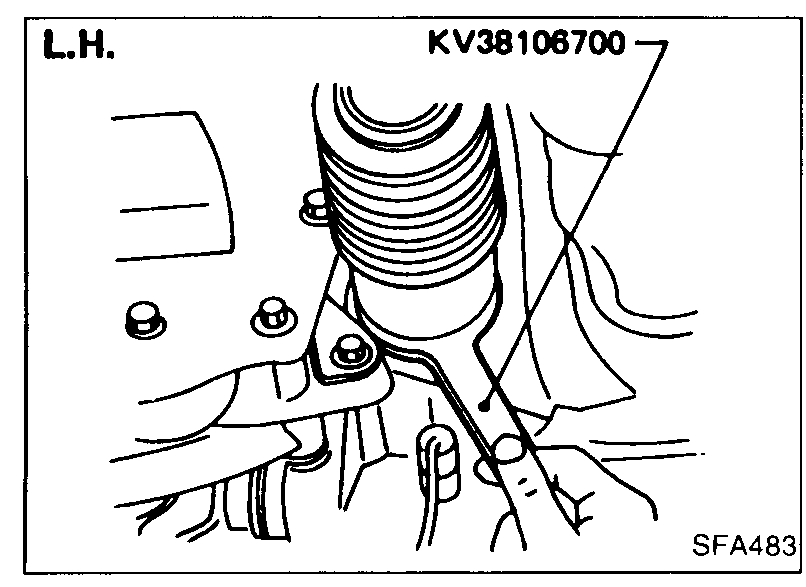 R.H. transaxle side with installation tool 'KV38106800' set along the inner circumference of a new oil seal at the differential side-gear bore.
