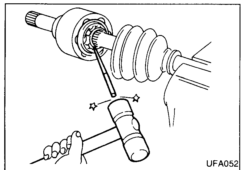 Wheel-side CV joint clamped at left; mechanic taps the inner race sharply with a soft hammer/copper drift to separate it from the drive shaft. Star symbols mark the matching marks placed on the joint housing and drive shaft before separating.