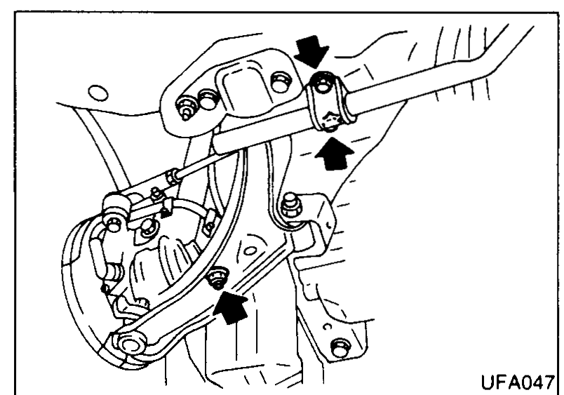 Photo of the front stabilizer-bar mounting area with three arrows pointing at the stabilizer-bar clamp bolts and the connecting-link nut to be removed.