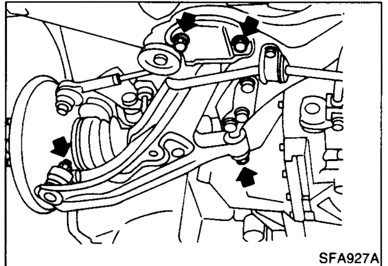 Underside view of the transverse link with arrows pointing at the rear bracket bolts, front pivot bolt, ball-joint stud nut and stabilizer-link nut — the fasteners to be removed when detaching the transverse link and lower ball joint.