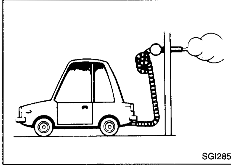 Cartoon illustration of a car with its engine running and exhaust gas being collected by a hose connected to an exhaust extraction duct on the wall — illustrating the need for proper exhaust ventilation.