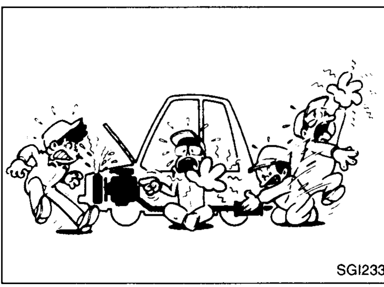 Cartoon illustration of mechanics around a hot engine with steam rising from the radiator — illustrating the burn hazard from hot metal parts and the radiator cap.