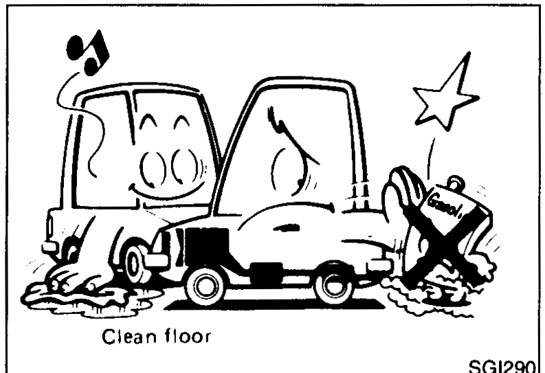 Cartoon illustration of a car next to a flammable can being marked off (do-not-park) with text 'Clean floor' — illustrating that the vehicle should not be parked on inflammable material.
