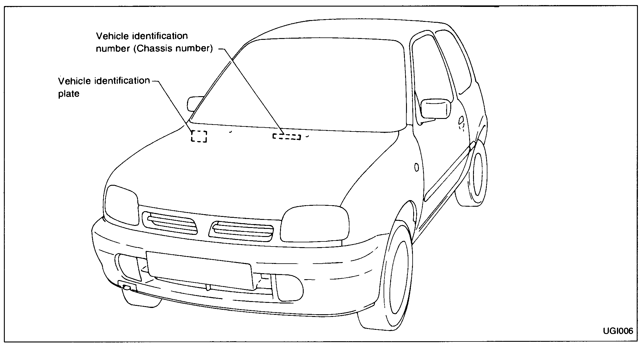 Front three-quarter line drawing of the K11 Micra. Two leader-line callouts point to locations under the windscreen on the engine-bay bulkhead: 'Vehicle identification number (Chassis number)' on the right side and 'Vehicle identification plate' on the left side.
