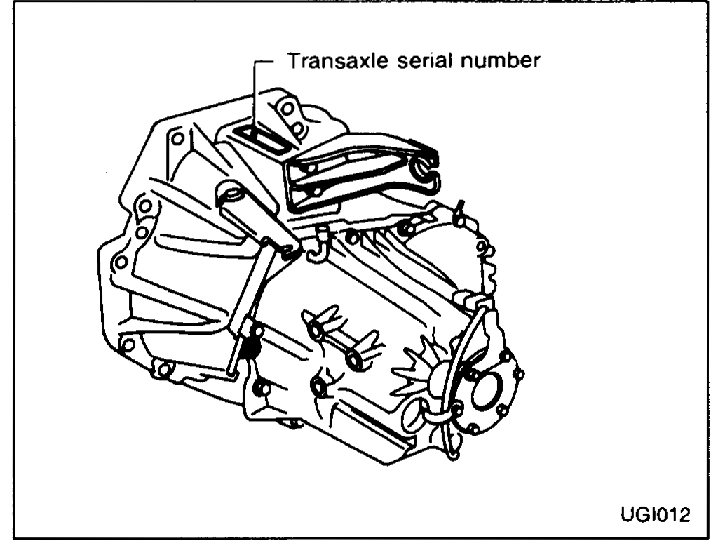 Manual transaxle case viewed from above showing the location of the 'Transaxle serial number' (callout pointing to a stamped flat surface on the upper case).