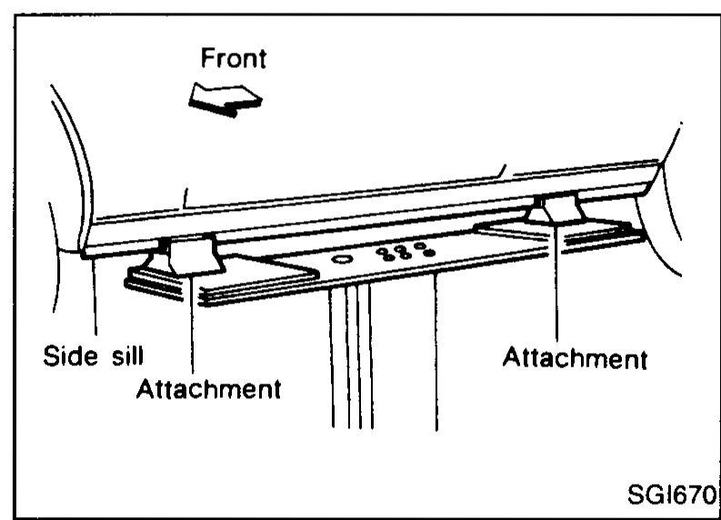 Side view of the vehicle side sill with two board-on lift attachments installed under the rocker panel. An arrow labelled 'Front' points to the left. Callouts identify 'Side sill' and the two 'Attachment' positions at front and rear of the lift pad.